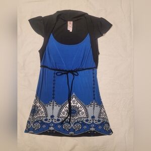 Call Box Blouse, Womens Medium,Blue and Black dressy Stretch Top